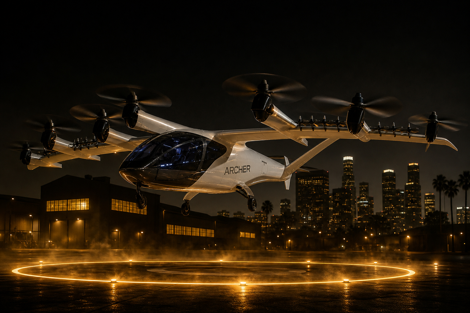 Concept render: an Archer-style piloted eVTOL lifting off from the campus vertiport at night