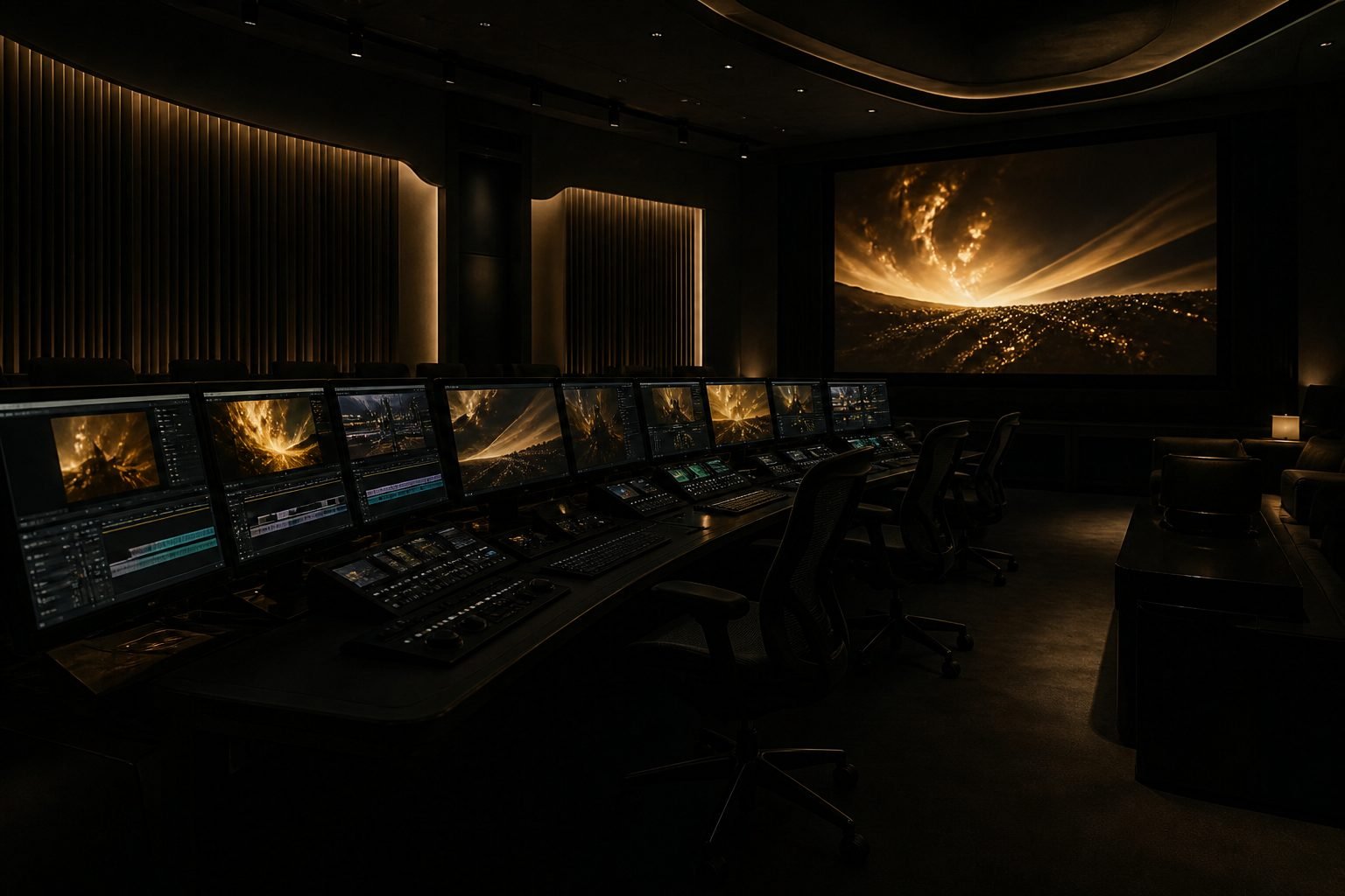 Concept render: dark AI production control room