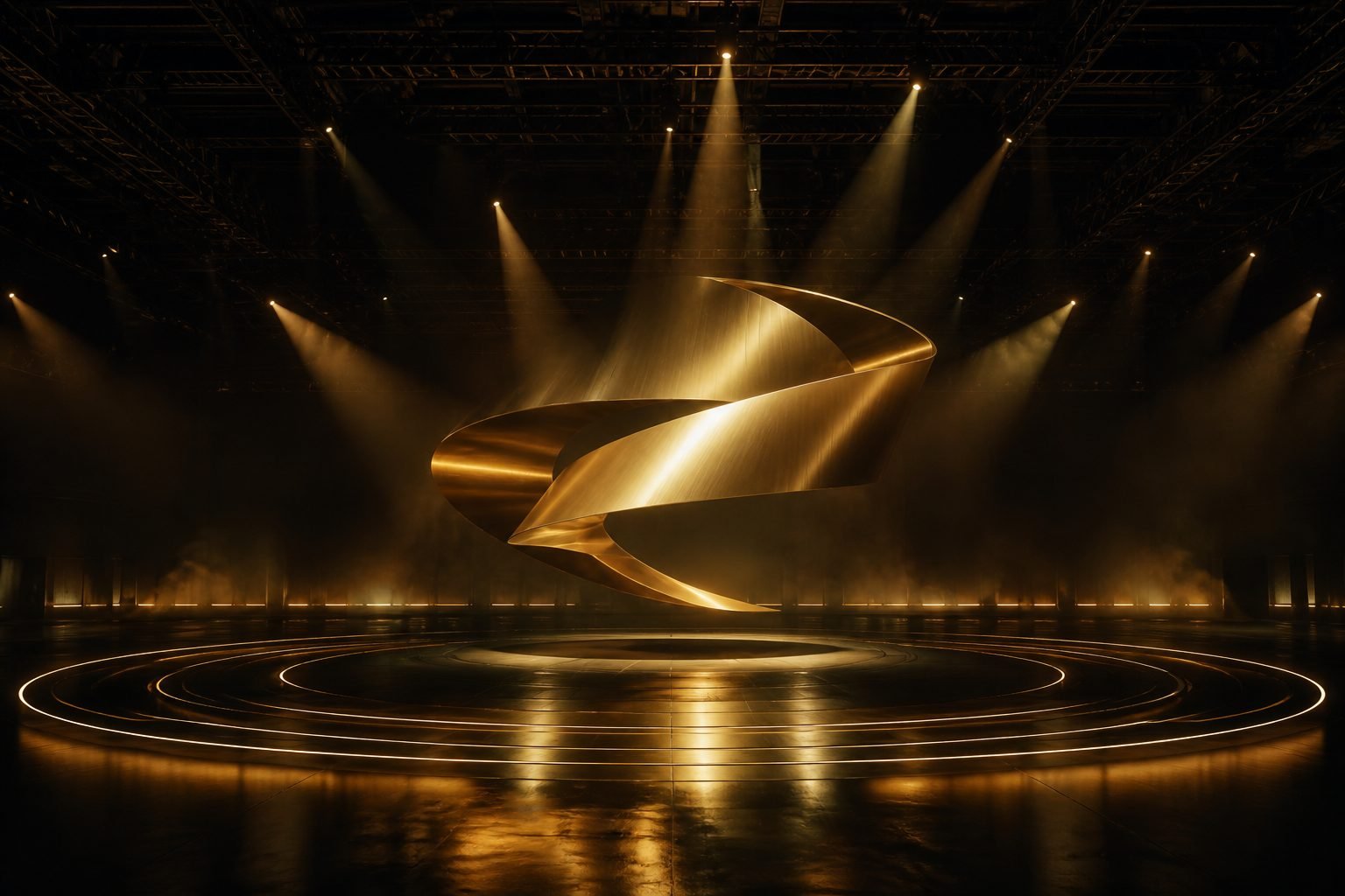Concept render: gold sculpture reveal with light rings