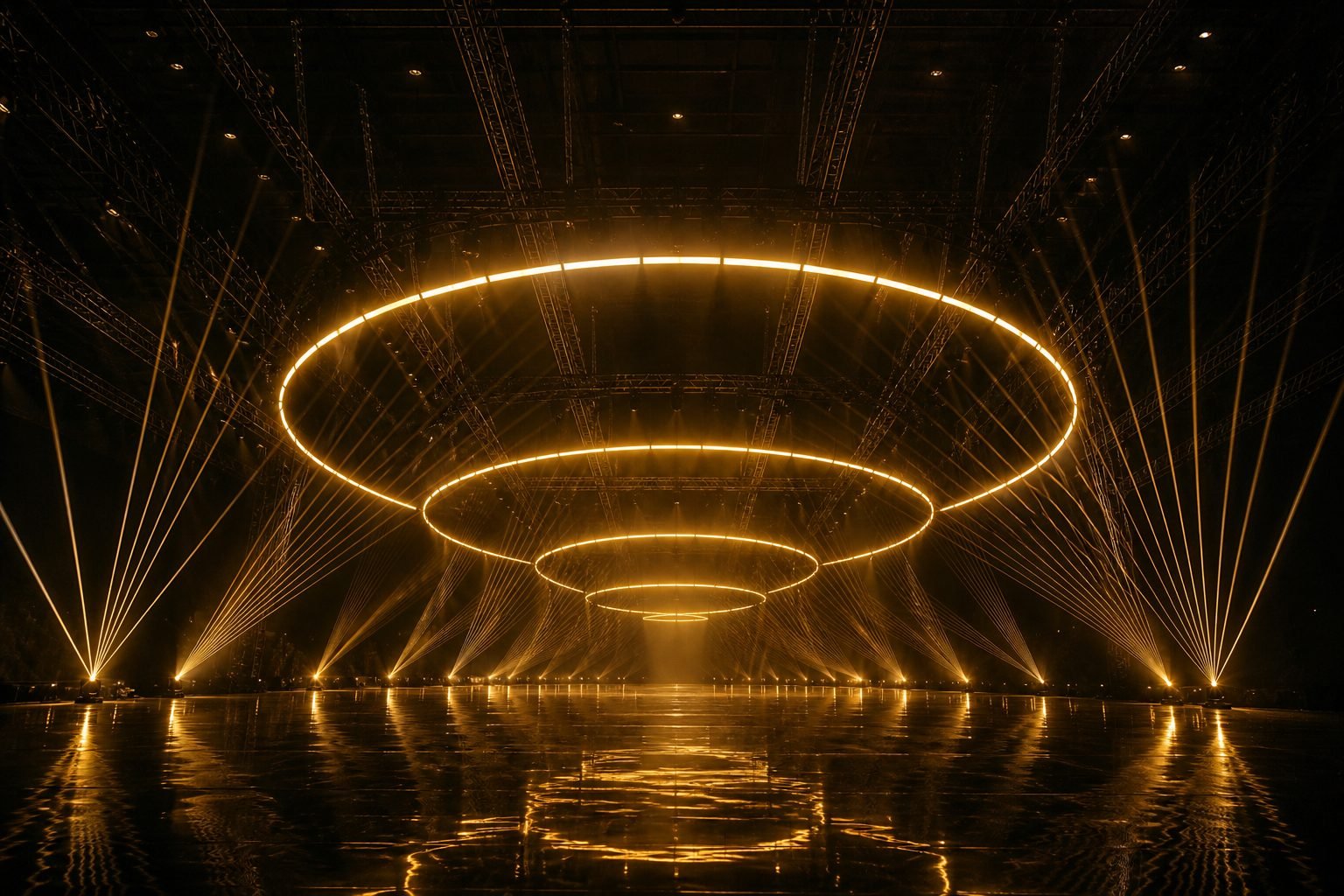 Concept render: monumental golden light rings concert stage