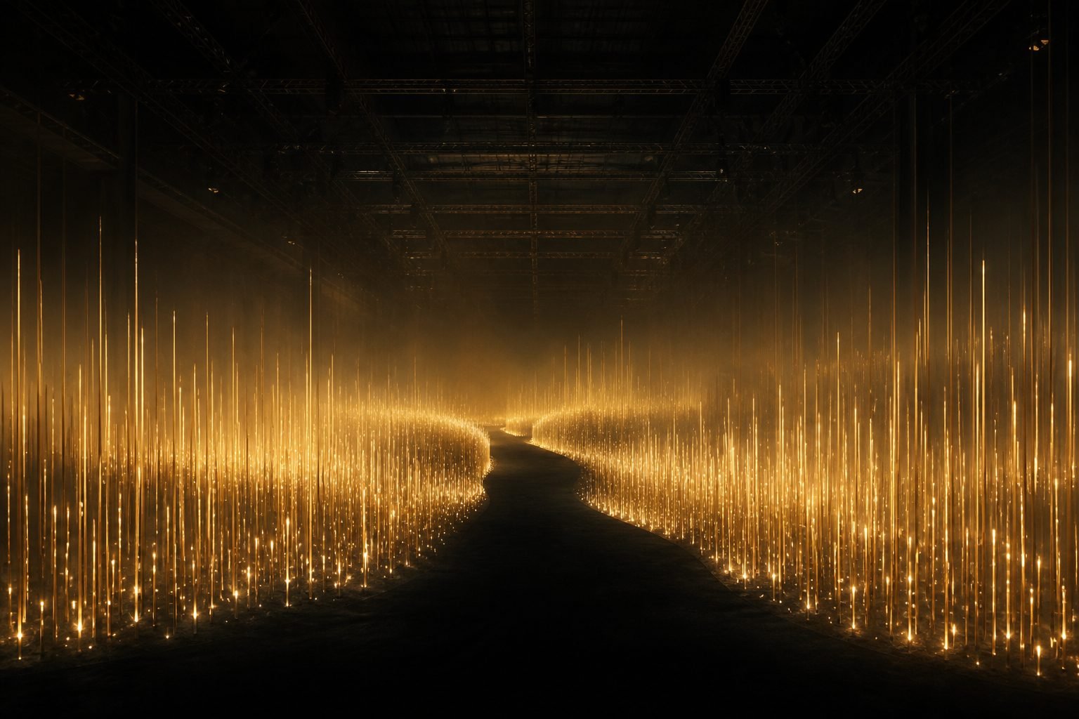 Concept render: field of golden light blades across stage floor