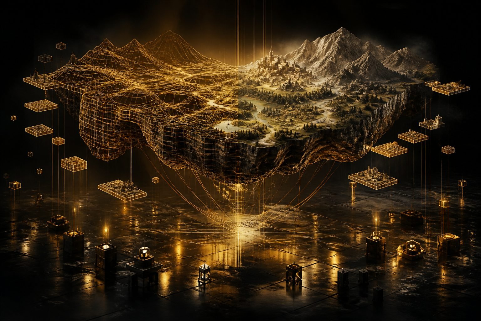 Concept render: game world under construction above stage floor