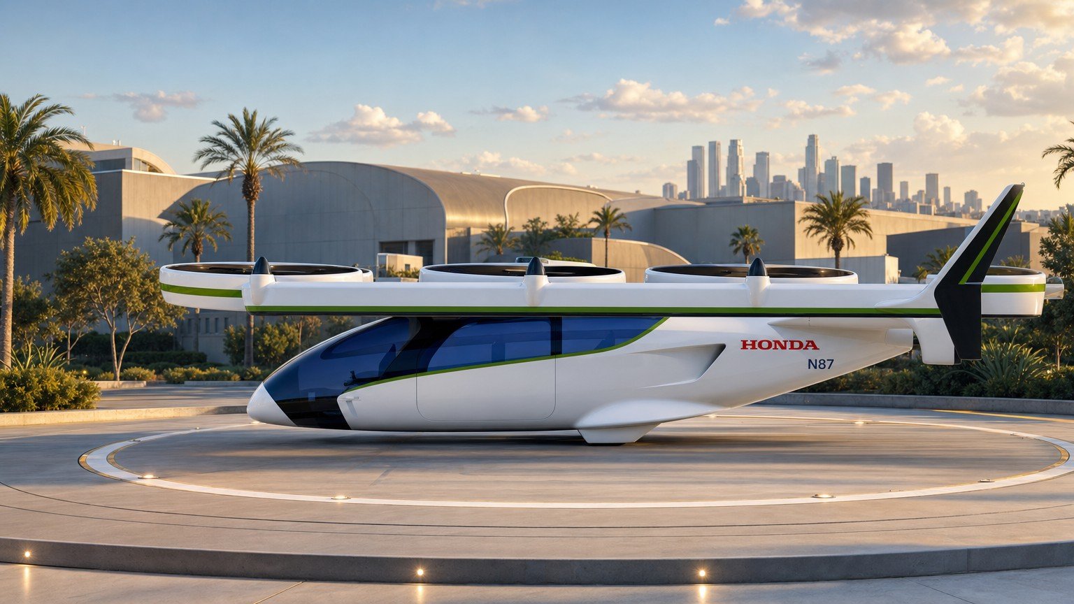Concept render: Honda Hybrid eVTOL parked on the campus vertiport at night