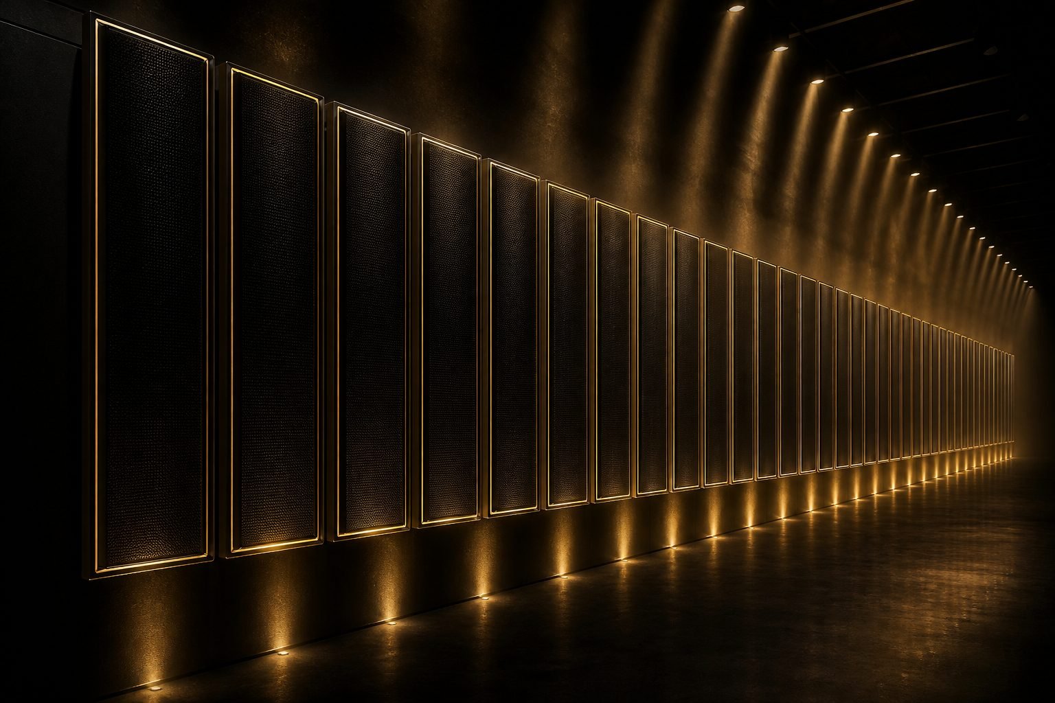 Concept render: planar audio array wall with gold edge lighting