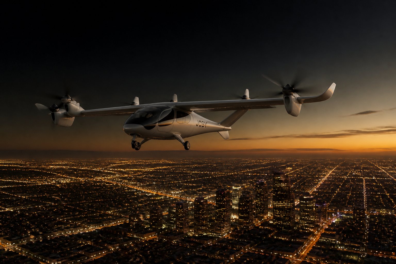 Concept render: a Joby-style air taxi in cruise flight over the Los Angeles basin at dusk