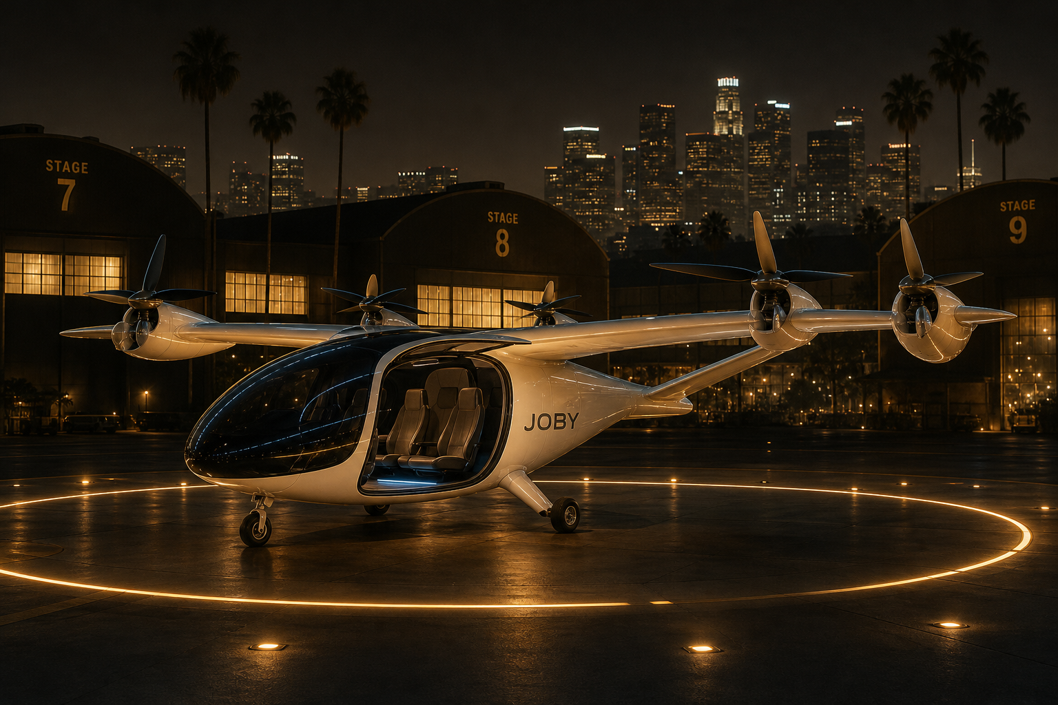 Concept render: a Joby-style electric air taxi parked on the campus vertiport at night