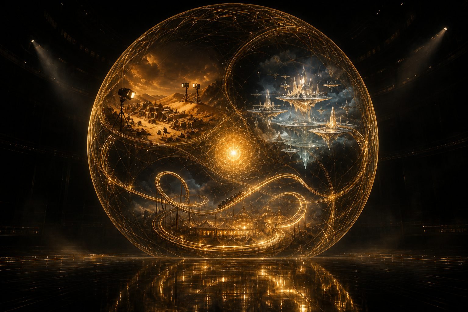 Concept render: spherical co-creation space holding film, game, and ride worlds