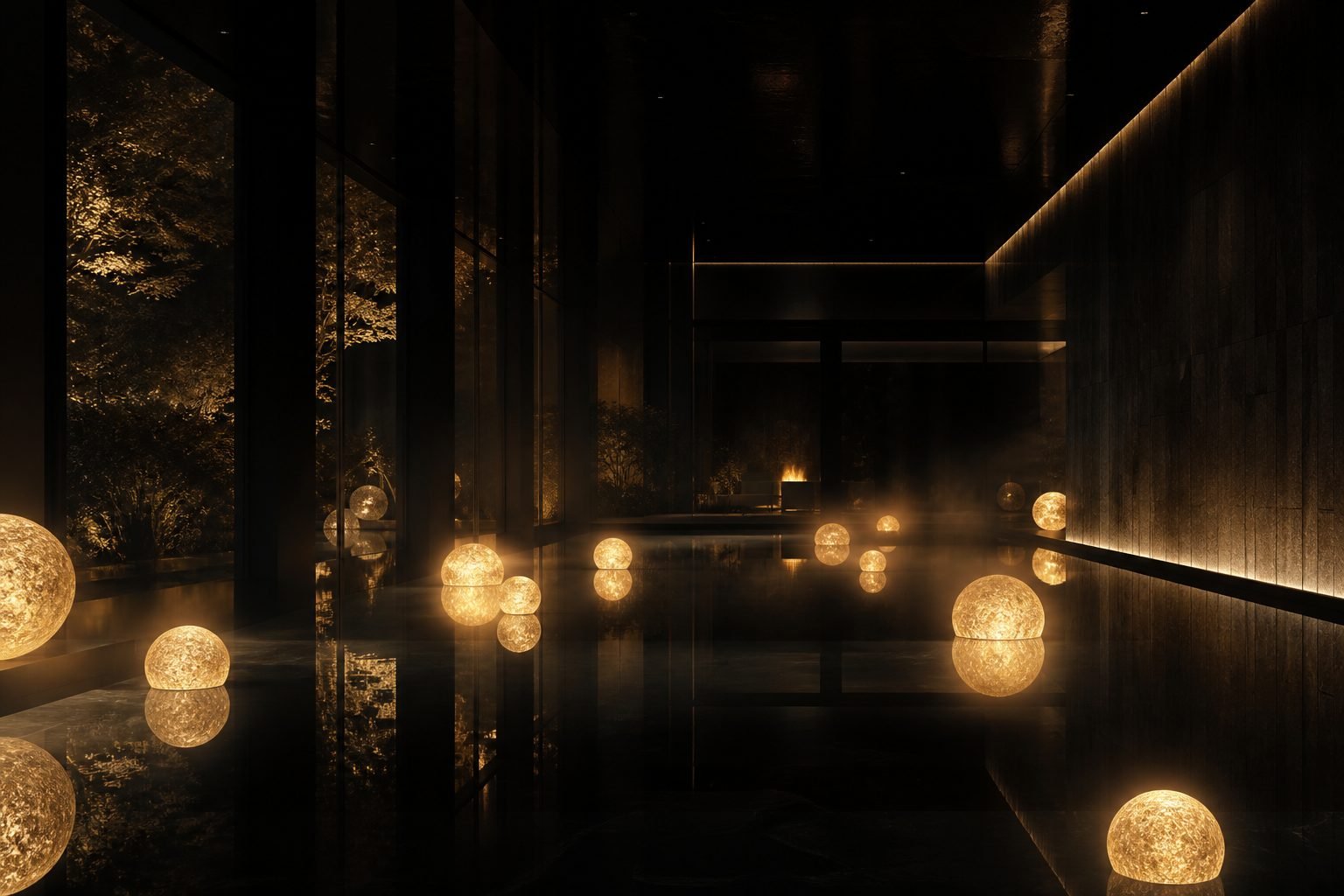 Concept render: reflecting pool with floating light spheres