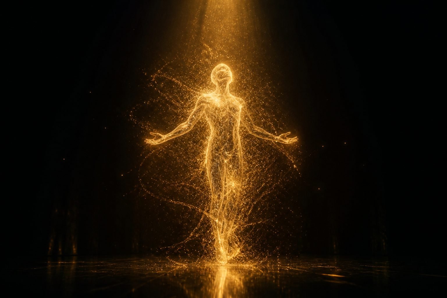 Concept render: holographic performer of golden particles