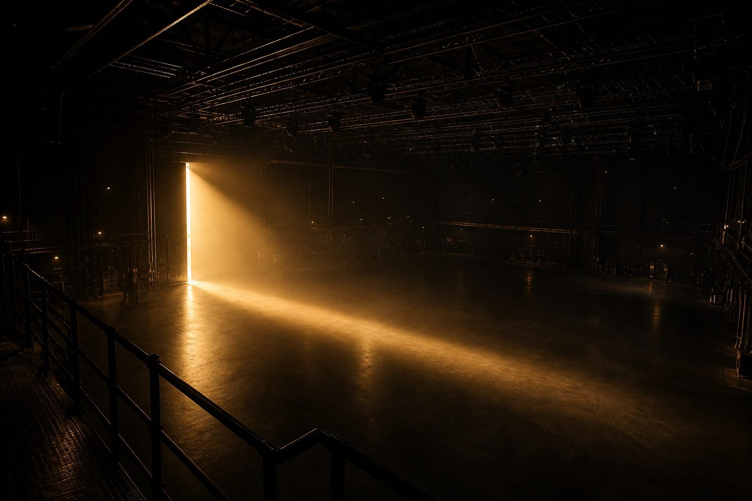 Concept render: vast dark sound stage with light shaft