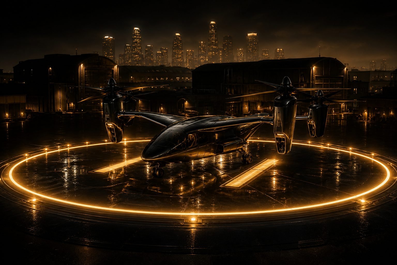 Concept render: eVTOL aircraft on a glowing vertiport pad at night