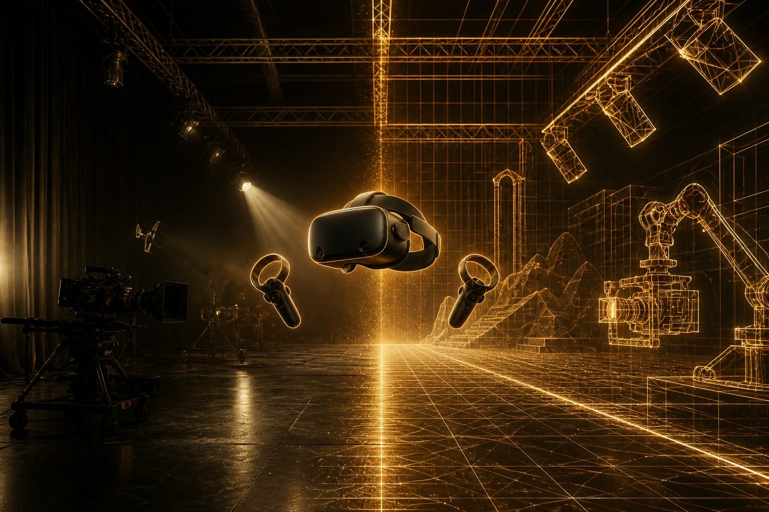 Concept render: VR production stage with virtual camera rigs