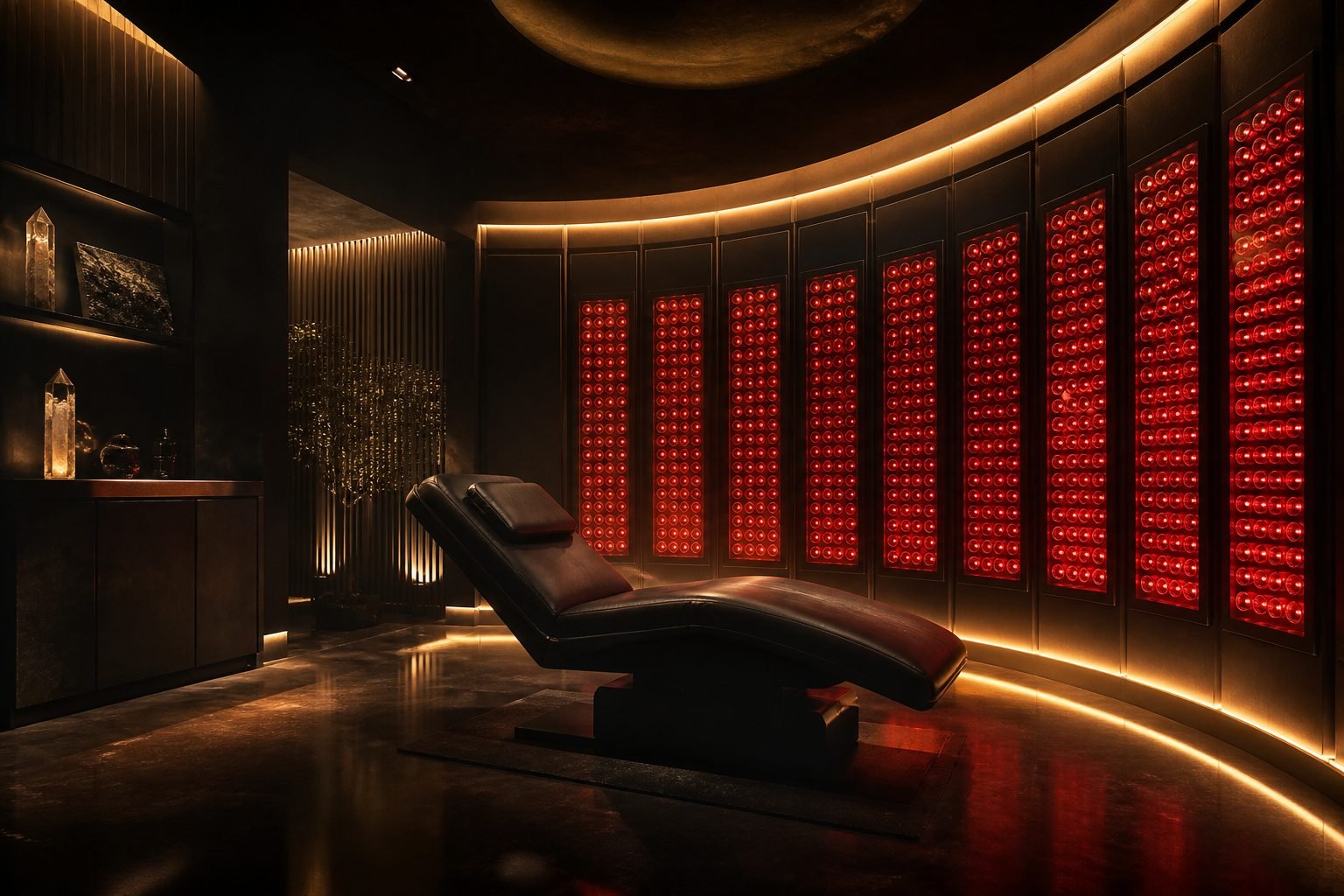 Concept render: red-light recovery lounge with crystal glass panels