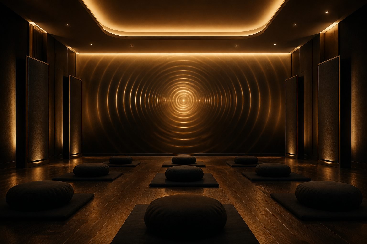 Concept render: sound-bath room with planar speakers and golden wave wall